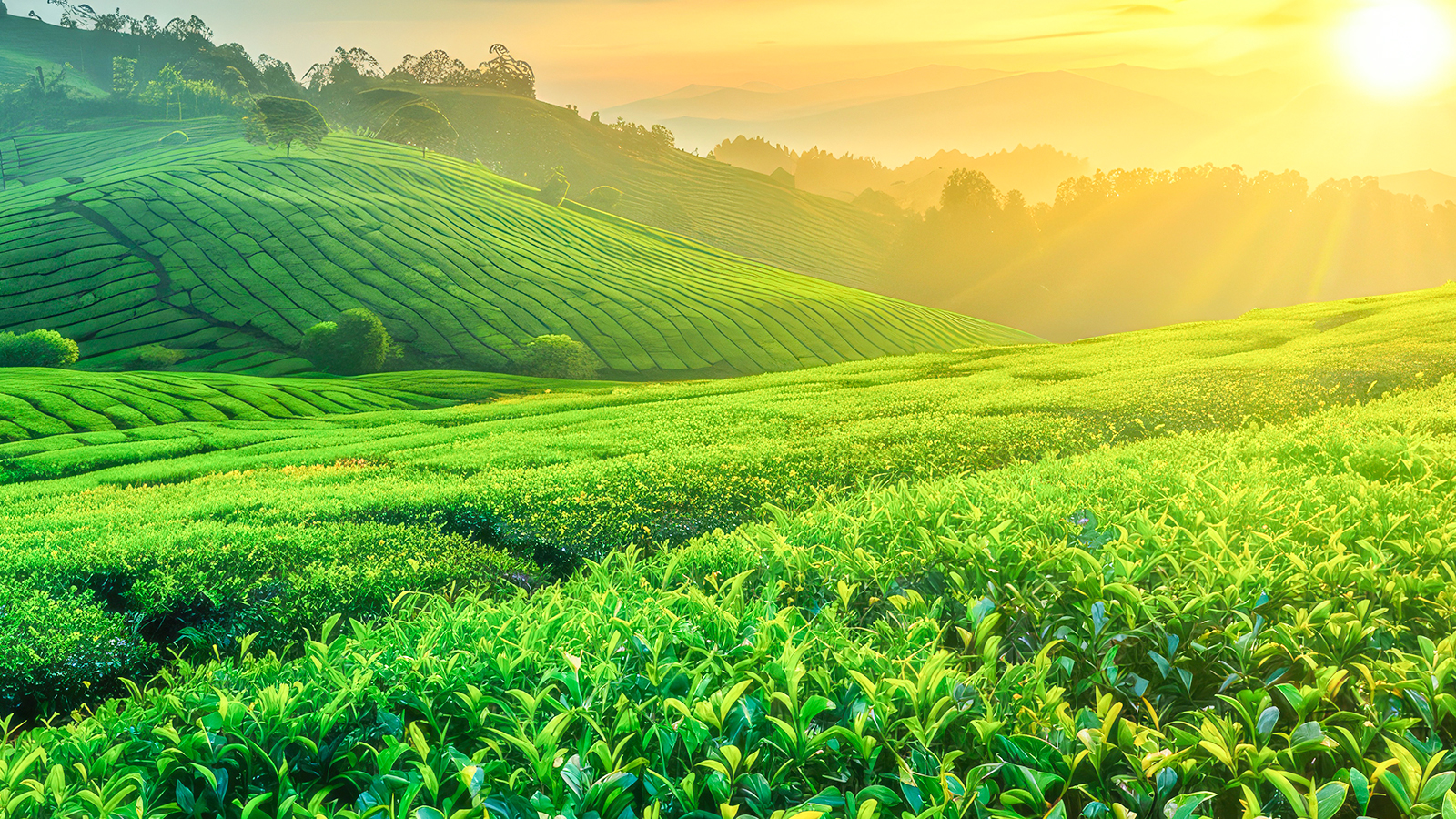 Beautiful Organic Tea Plantation Agriculture At Sunset. Ai Generation